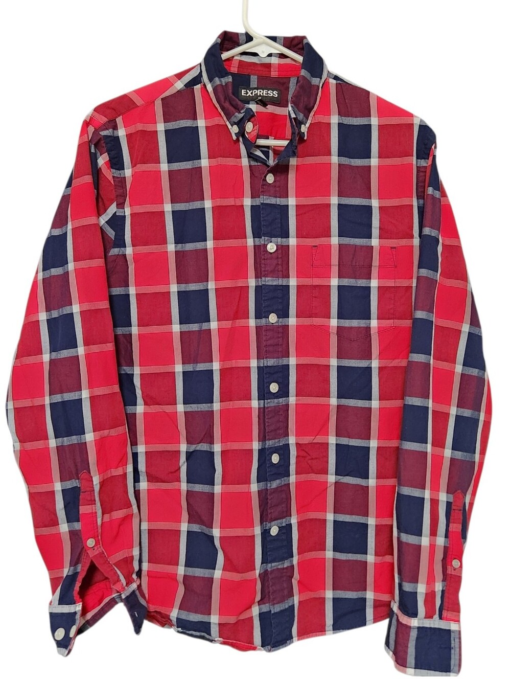 Express Men's Plaid Button Down Shirt Red Blue Long Sleeve Pocket Medium Flannel